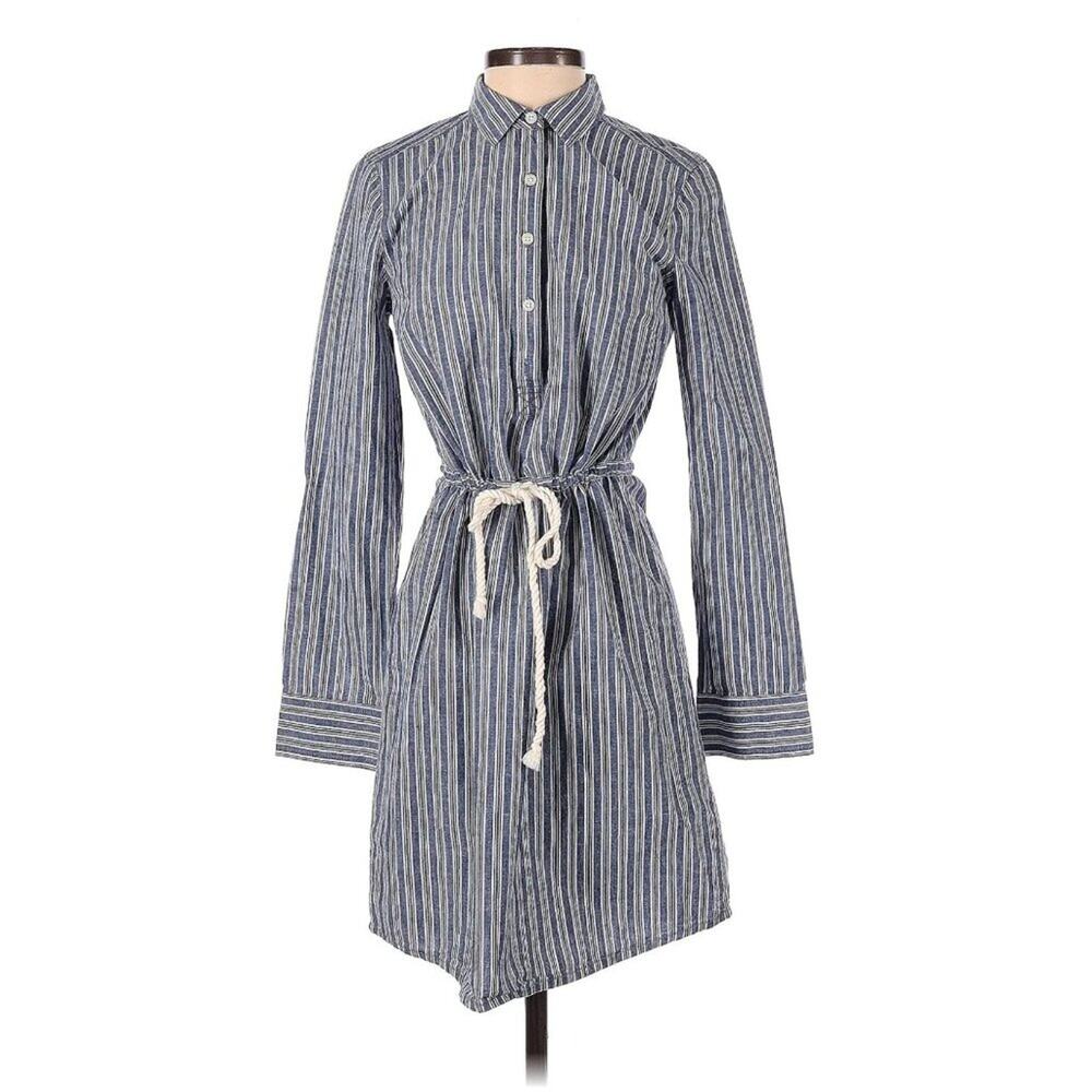 Tommy Hilfiger Denim Chambray White Striped Roll Tab Sleeve Belted Shirt Dress S